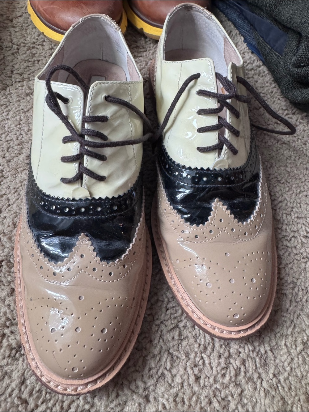 Halogen Patent Leather Two-Tone Wingtip Oxfords — Beige, Black & Cream